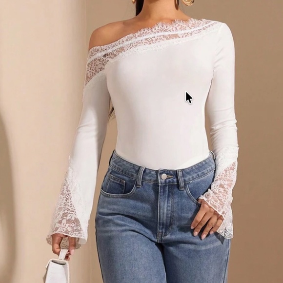 Floral Lace One Shoulder Fitted Long Sleeve Bodysuit